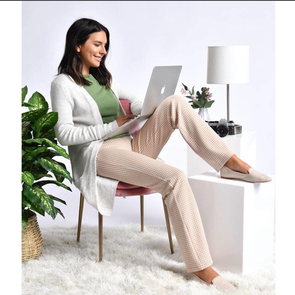 Betabrand Dress Pant Yoga Pants Straight Leg Classic Taupe Gingham Medium petite